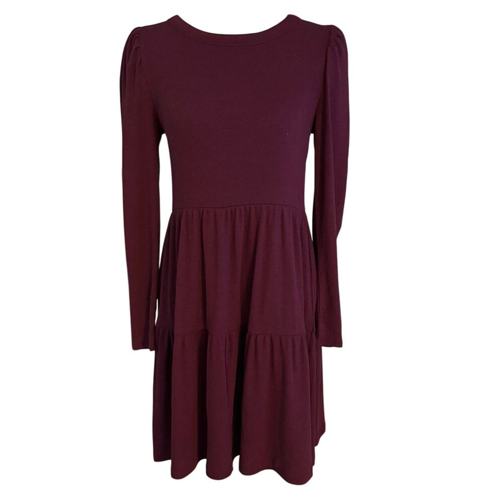 Gap Size S Puff Sleeve Tiered Mini Dress Deep Garnet Red Purple Ribbed